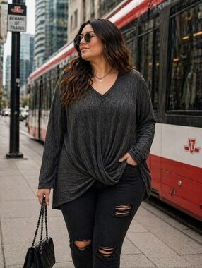 George Plus Size Soft Ribbed Twist Front Top Charcoal |  Size 3x